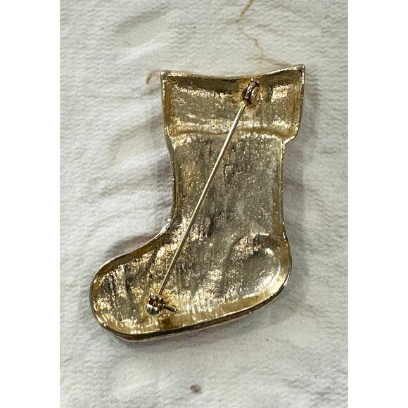 Vintage Enamel Christmas Stocking Brooch Pin Red Green Gold Stars & Holly CP08 - Picture 3 of 3